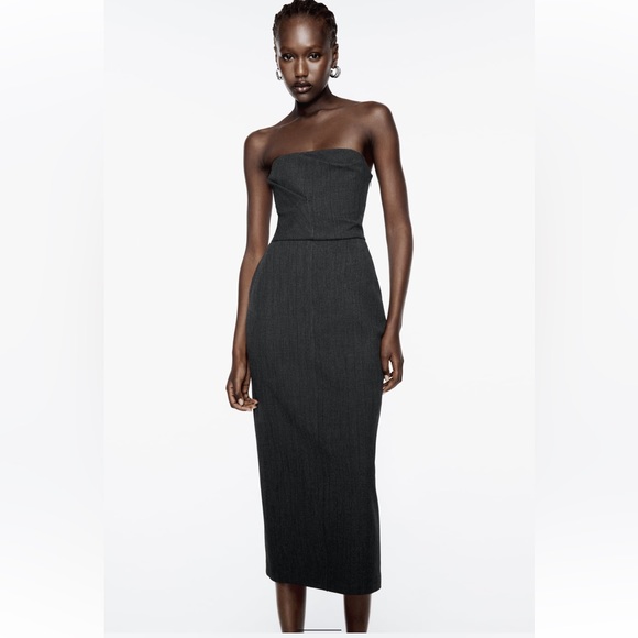 NEW Zara Strapless Charcoal Grey Pinstriped Suit Dress Size S - Picture 2 of 16